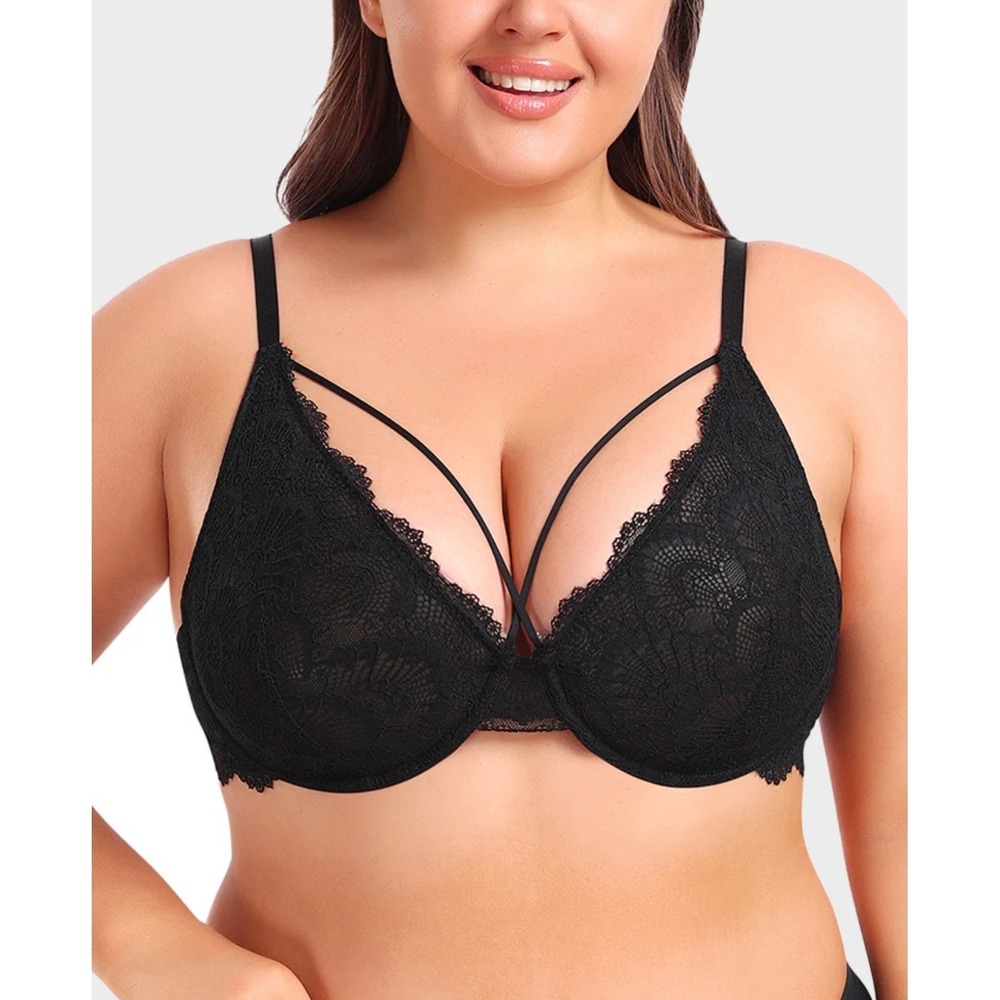 Victoria's Secret Black Lace Push‎ Up Bra 34D Padded Underwire Strappy